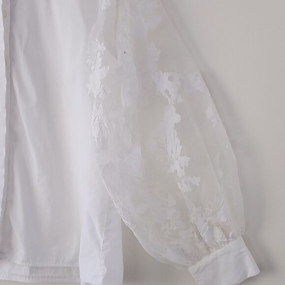 Zara White Organza Appliques Balloon Sleeves Button Down Shirt M (15) - Picture 5 of 10